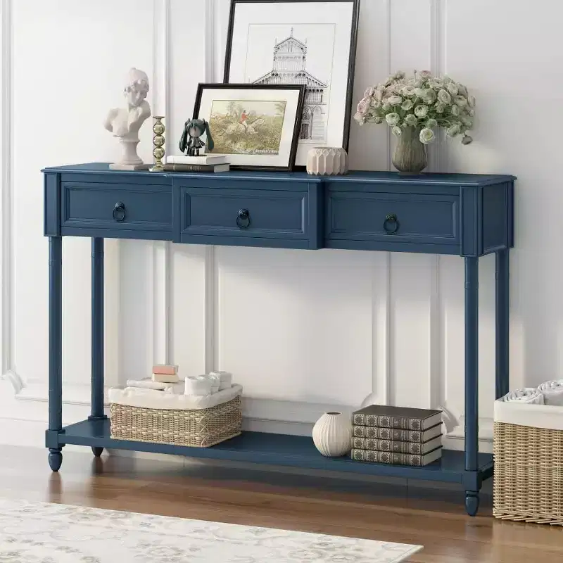 Console, Sofa Table with 3 Projecting Drawers, Botton Long Open Shelf Rustic Mufti-Functional Home Furniture for Entryway Navy Blue