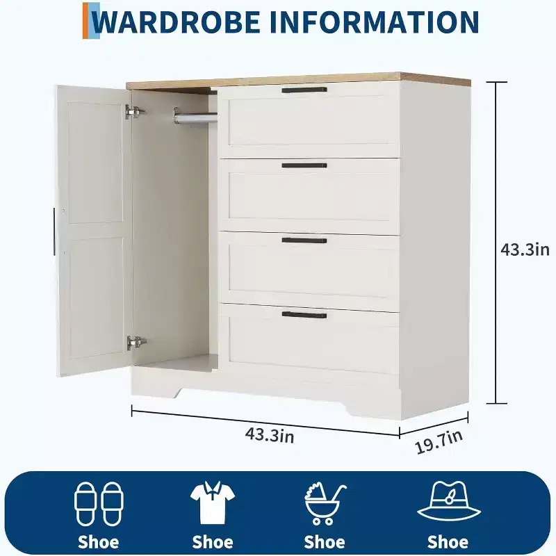 Acekool Wood Armoire Wardrobe Closet, 43.3 Bedroom Cabinet with 4 Drawers, Door & Hanging Rod Storage Organizer