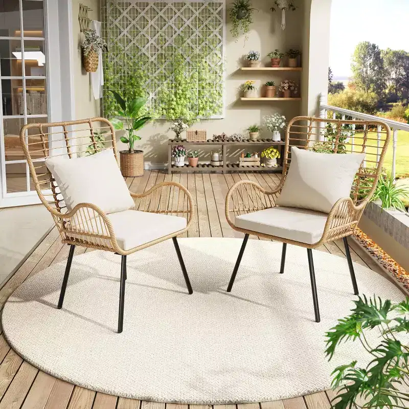 Patio Wicker Chairs Set of 2/4, Boho Rattan Accent Chairs with Cushions & Pillows, Indoor Outdoor Bistro Chairs for Patio, Balcony, Living Room