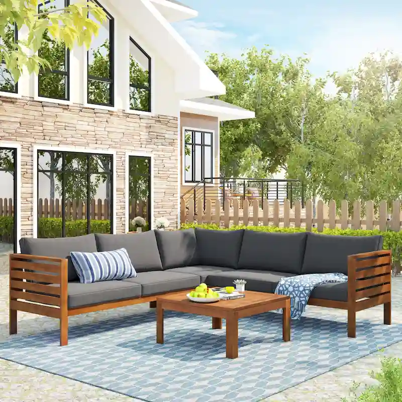 4 Piece Outdoor Patio Furniture Set, Patio Sectional Conversation Set with Coffee Table, Two-Person Sofa and Corner Sofa