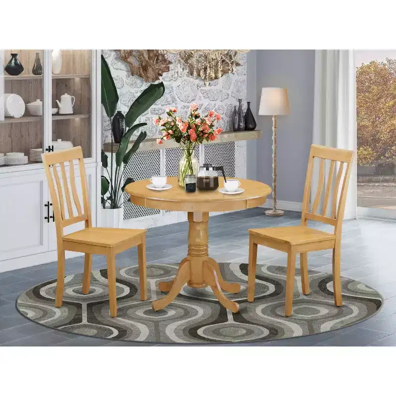 HomeStock 3-Piece Round Natural Oak Finish Solid Wood Top Dining Table with 2 Chairs