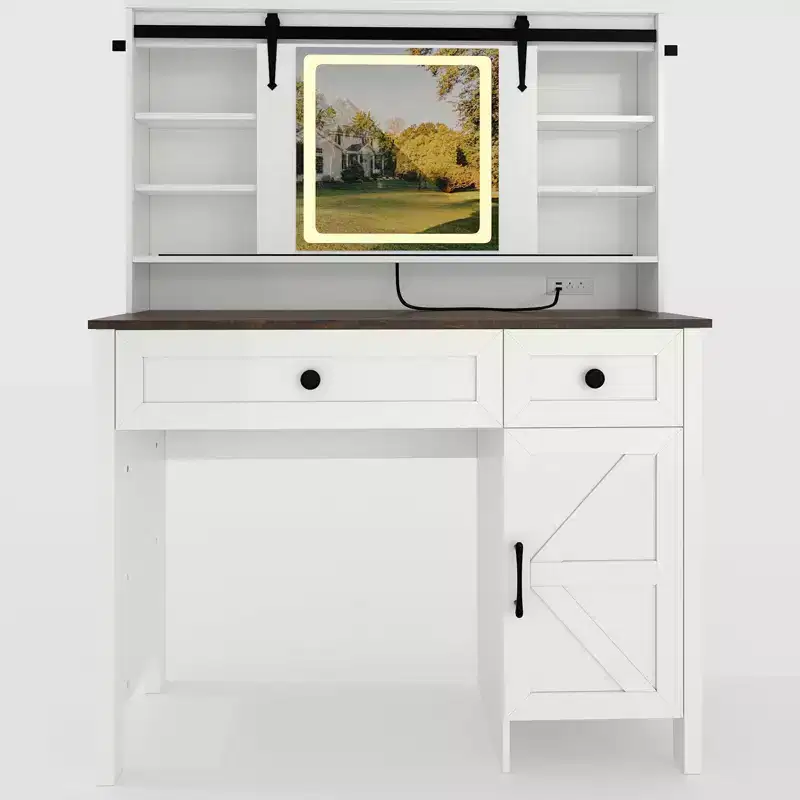 Metal & Wood Vanity Desk with LED Mirror & Power Outlets 41.85''W x 55''H White