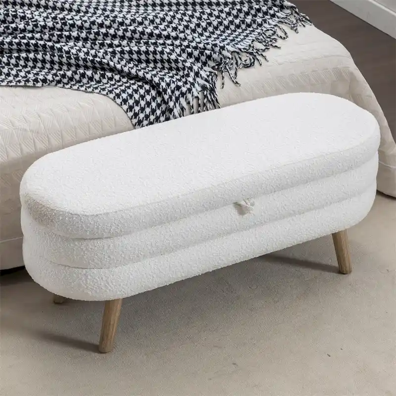Boucle Fabric Storage Bench Bedroom Bench w/Wood Legs For Living Room