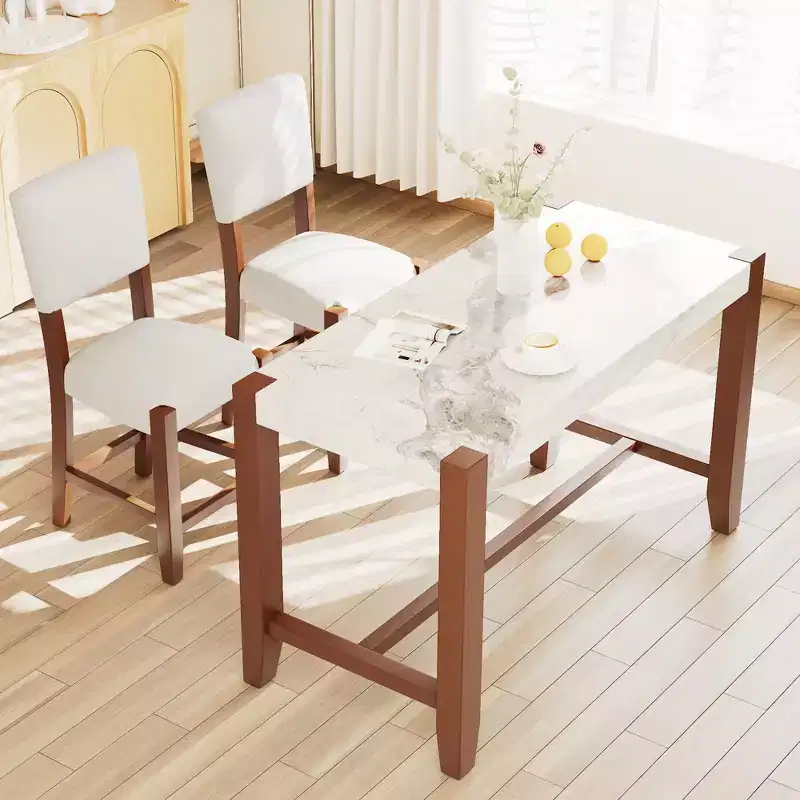 Marble Counter Height Dining Table Set, Bar Table Set with 2/4 Upholstered Chairs for Dining Room Pub Kitchen Small Place, beige brown