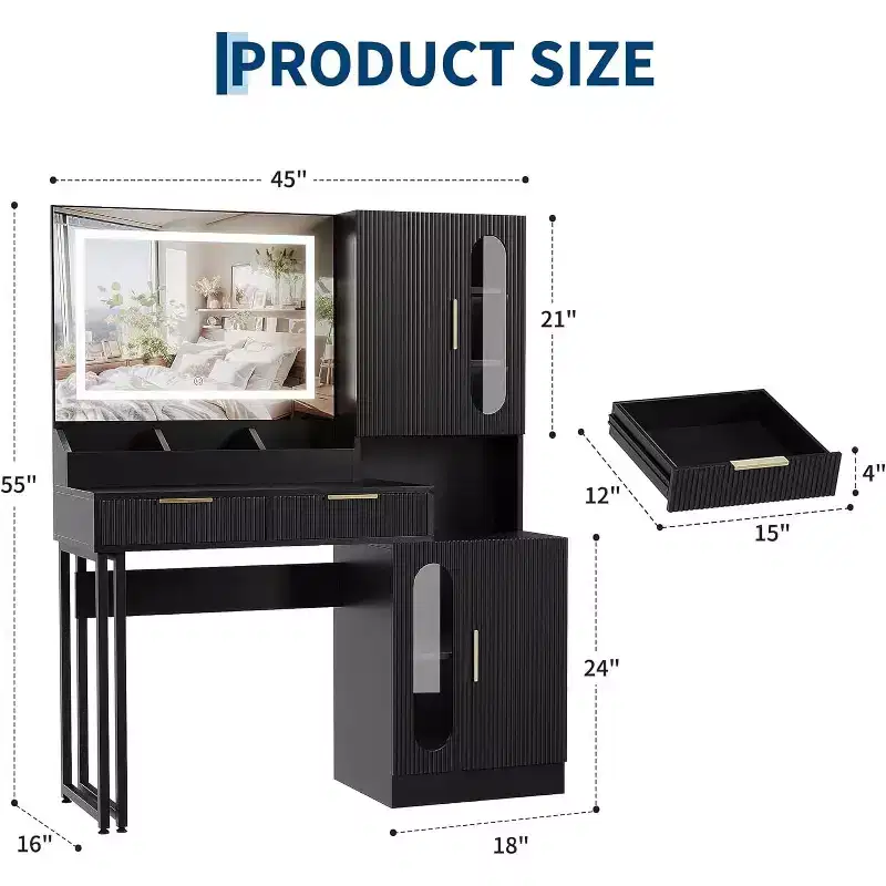 Acekool Modern Vanity Desk with Mirror, Drawers & Cabinets, Fluted Makeup Table for Bedroom
