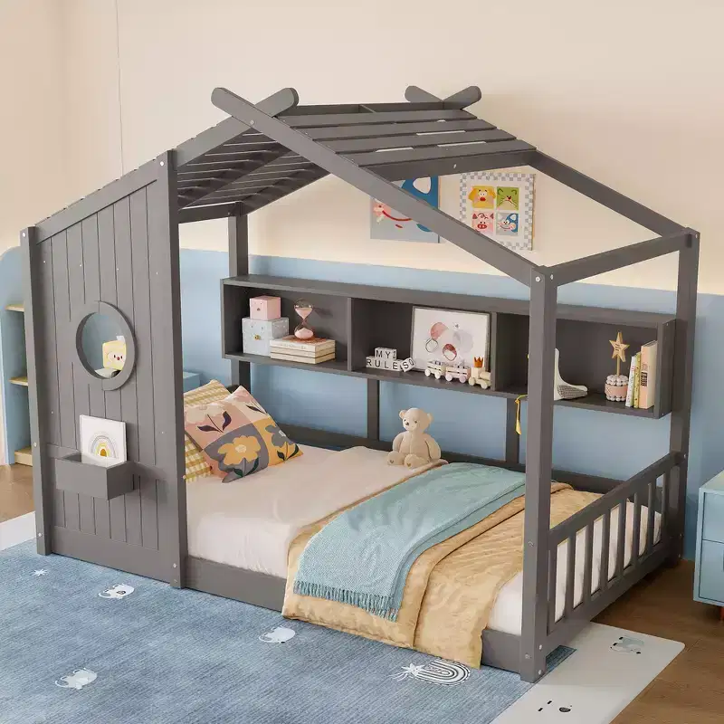 Whisen Twin Size Floor House Bed & Kids Montessori Bed, Playhouse Bed with Storage Shelf, Roof Design
