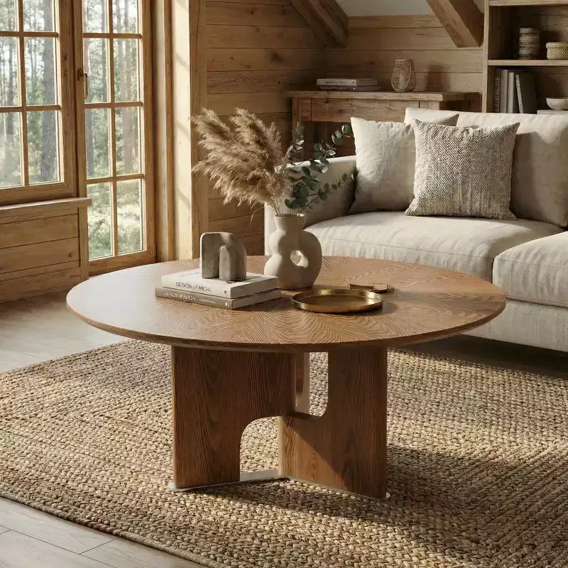 JVNOXK 31.5 Inches Round Rustic Ash Wood Veneer Coffee Table for Small Living Room,Walnut