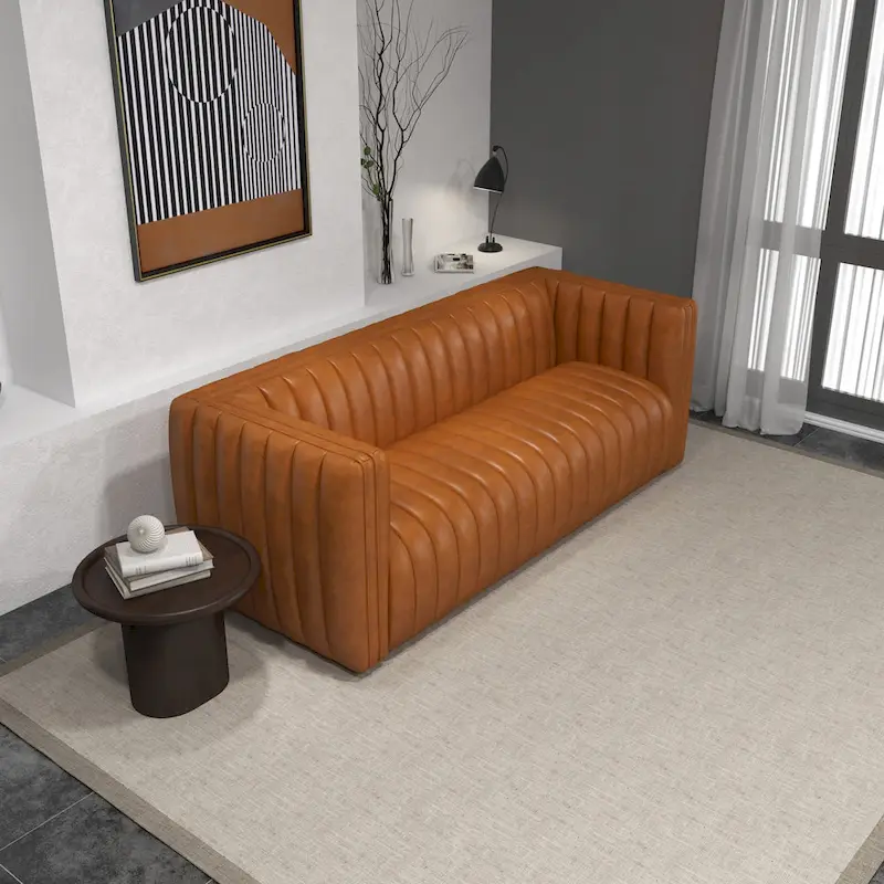 Rasam Mid Century Modern Luxury Tight Back Geniune Leather Couch in Cognac Tan