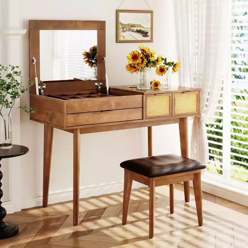 Classic Wood Makeup Vanity Set Dressing Table with Flip-top Mirror and Stool