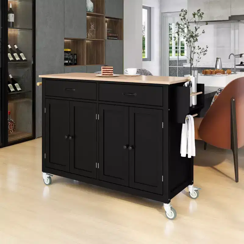 Kitchen Island Cart with Solid Wood Top and Locking Wheels, 54.3 Inch Width, 4 Door Cabinet and Two Drawers, Spice Rack, Black