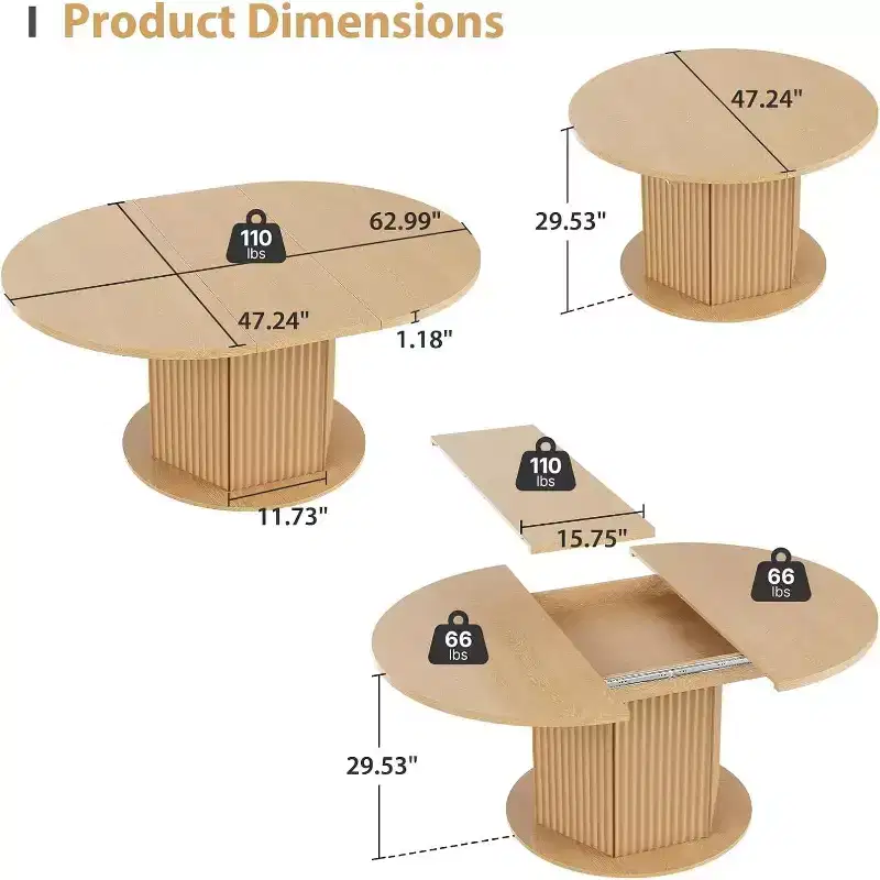 MooxvMoo 47.24-62.99 Oval Expandable Dining Table, Distinctive Knurled Base w/ Smooth Metal Slide Track for Kitchen, Living Room, Light Brown