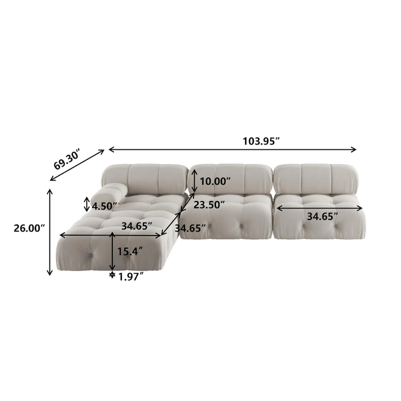 104 Wide Velvet Reversible Modular Sofa & Chaise with Ottoman