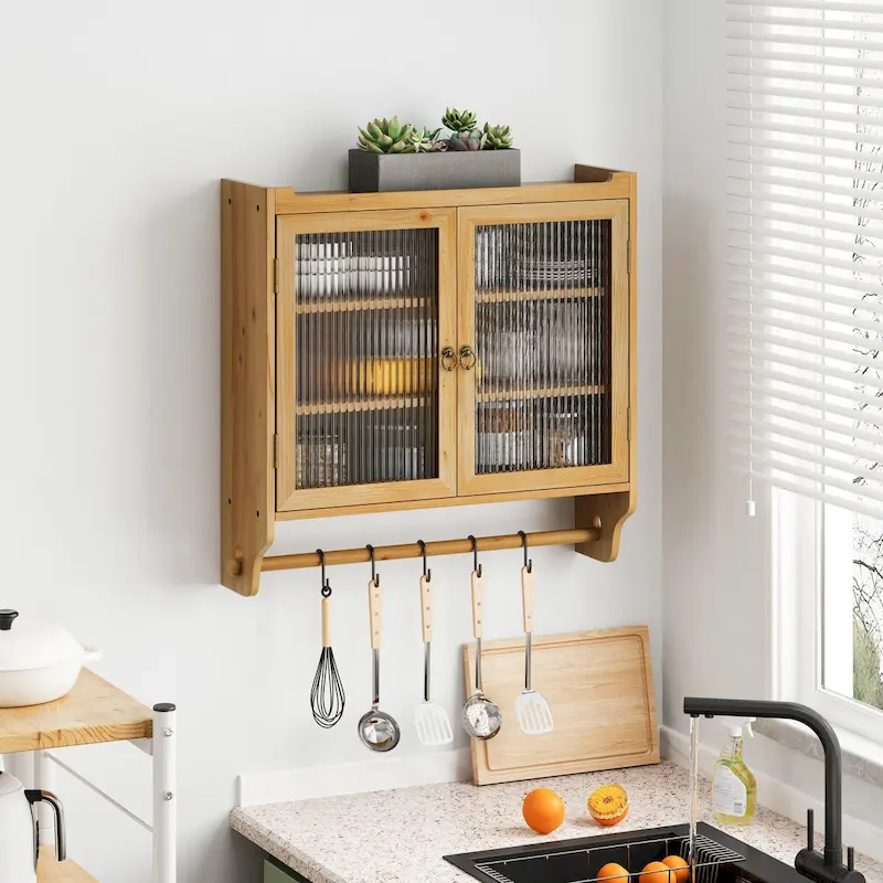 Roomfitters 24.8 Vintage Glass Door Wall Cabinet with Double Doors, Three-Tier Storage, and Towel Rack