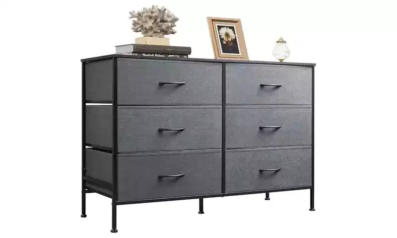 Dresser for Bedroom with 6 Drawers, Wide Dresser TV Stand for 50 Inches TV, Gray Dresser with Metal Frame, Wooden Top, Dark Gray