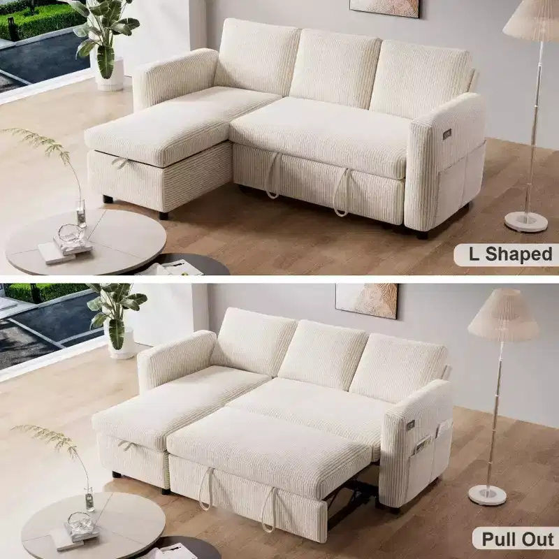 Dyonery 2 in 1 Pull Out Sleeper Sofa with Storage Chaise C Corduroy Sectional Couch with USB Ports for Living Room