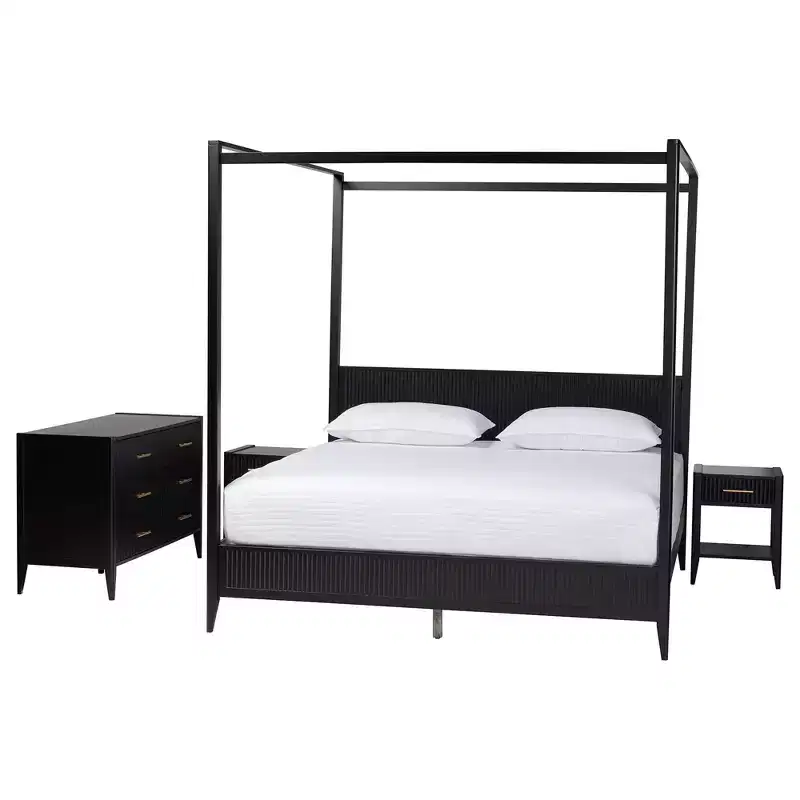 Baxton Studio Primrose Mid-Century Ivory Fluted Wood 4-Piece Canopy Bedroom Set