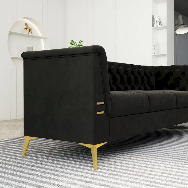 82 Velvet 3 Seater Chesterfield Sofa Couch with Gold Metal Legs, High Rebound Sponge and Removable Cushions