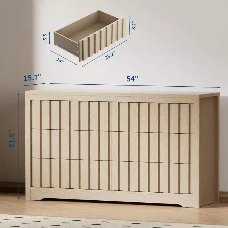 Fluted 6-Drawer Modern Dresser Handleless Wooden TV Stand & Deep Storage Organizer for Bedroom, Living Room & Hallway, Natural Oak