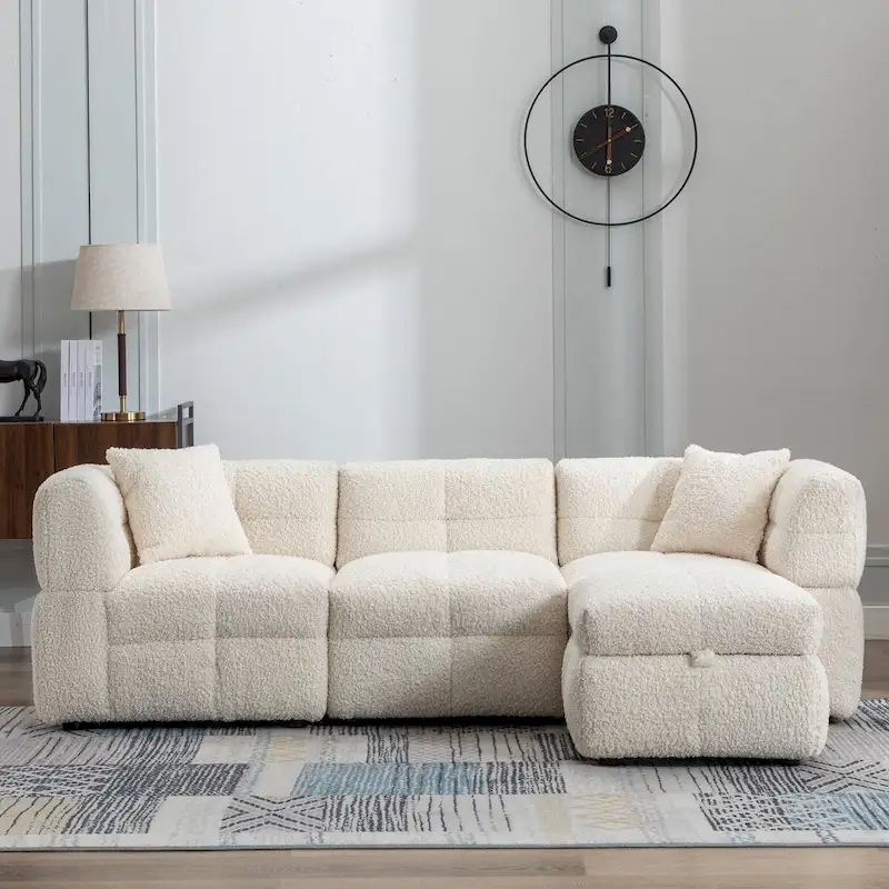 87.7  Sectional Sofa Cozy Teddy Fleece Fabric Sectional Sofa Couch