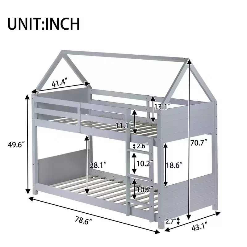 Twin House Floor Bunk Bed with Headboards, Footboards and Guardrails, Ladder, Rubber Wood Bunk Bed with Safety Guardrails,Light Grey