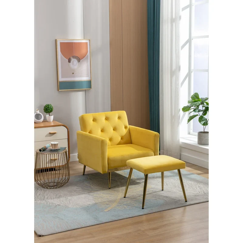 HOMEFUN Velvet Tufted Adjustable Armrests and Backrest Armchair with Ottoman