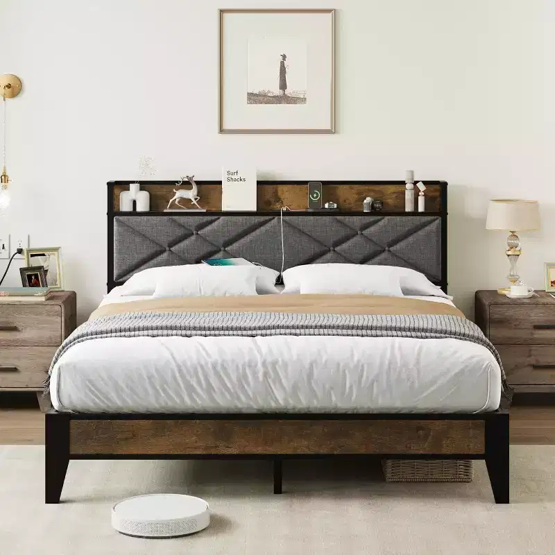 King Size Bed Frame with Charging Station, Button Tufted Headboard, Metal Platform with Storage Shelf, Metal Slats Support, No Box Spring Needed