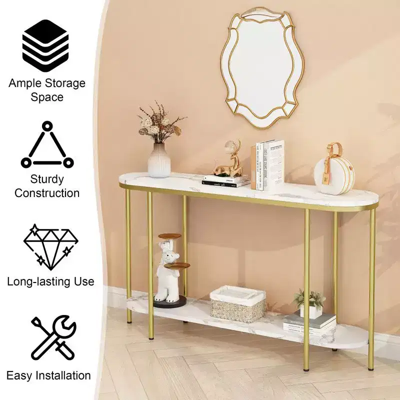 White Marble-Top Gold Frame Oval Console Table, 2-Tier, 1-Person Assembly