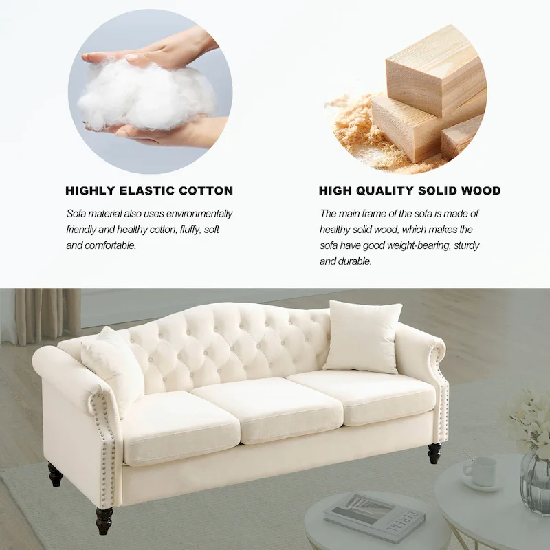 3 Seater Sofa Tufted Couch with Rolled Arms and Nailhead