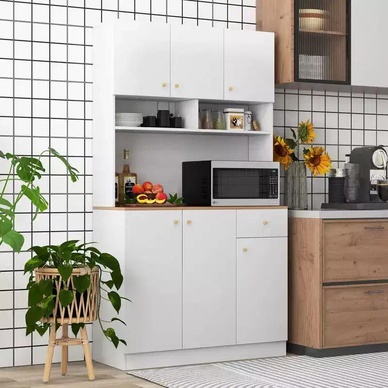 71 Tall Pantry Cabinet with Outlets USB Ports Anti-Tipping Kits Adjustable Shelves White