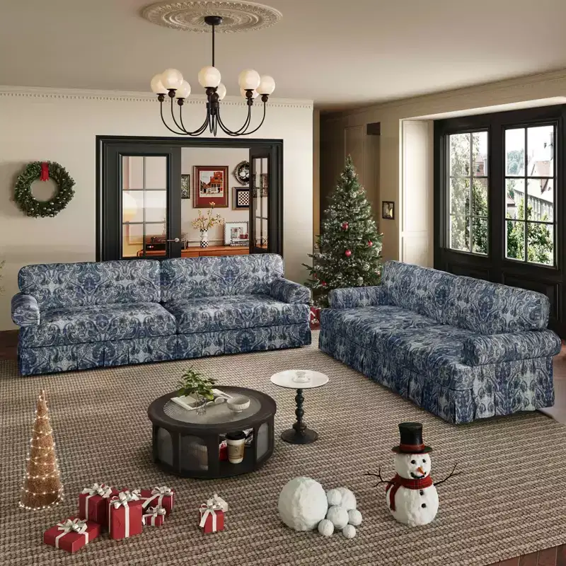 74 Luxuriously Comfortable 3 Seater Cloud Couch, Oxford Fabric Sofa with Rolled Arms & Pleated Skirt Design Blue Floral