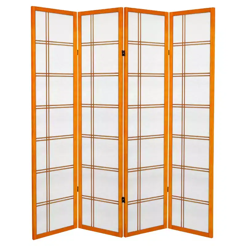 6 ft Tall Canvas 4-Panel Room Divider with Hardwood Frame, Honey
