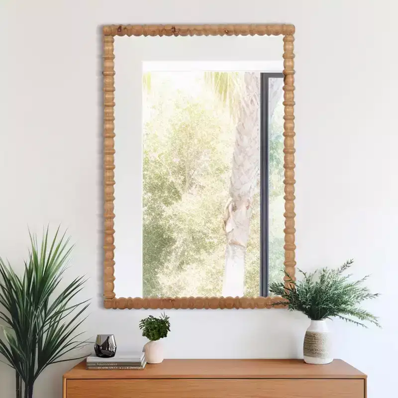 Rectangle Carved Wood Wall Mirror with Fir Wood Frame for Bedroom Decor - Vintage-Inspired Design for Hallway, Entryway, and Living Room - 44?, Brown