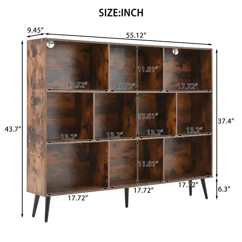 Wooden 10 Cube Bookshelf, 3 Tier Freestanding Open Bookcase with 5 Iron Legs, Open Storage Organizer, Floor Standing Display Cabinet