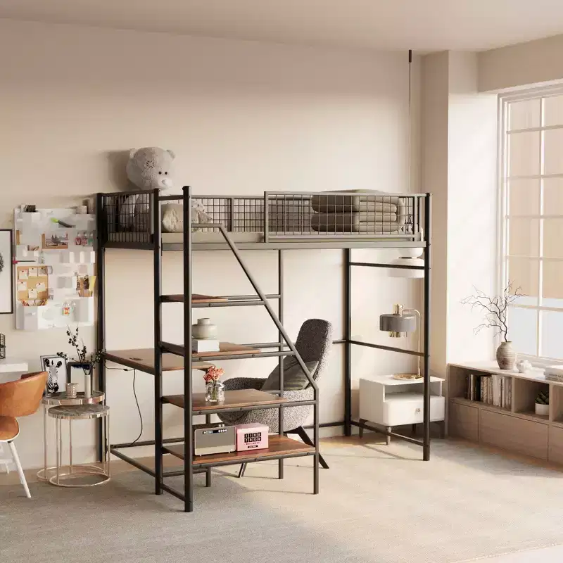 GDFStudio Holden Metal Loft Bed with Desk, Built-in Charging Station and LED Lighting