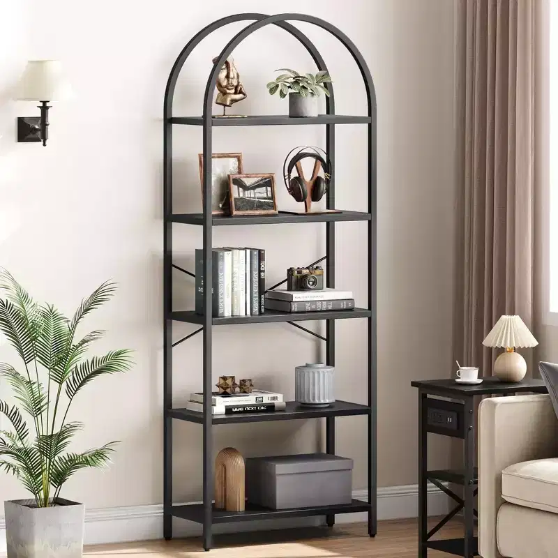 Coolmee 5 Tier Arched Bookshelf, Bookcase Display Racks Tall Bookshelves, Storage Rack Large Wood Book Shelf for Bedroom, Living Room, Office
