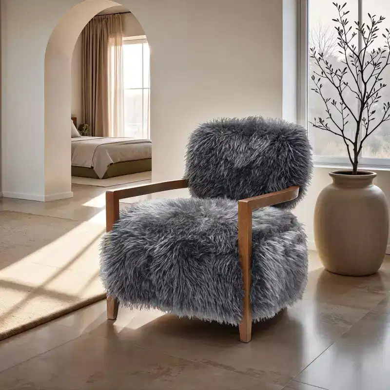 TUYOHW 28 Wide Yeti Accent Chair,Faux Fur Upholstered Lounge Chair with Tight Back & Seat,Walnut Wooden Arms,Armchair for Living Room,Bedroom