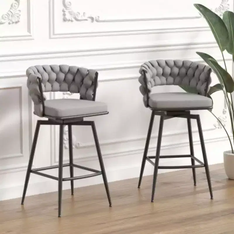 Back and Footrest Included, 2 Linen Woven Swivel Bar Stools Set, Non-Adjustable Kitchen Chairs