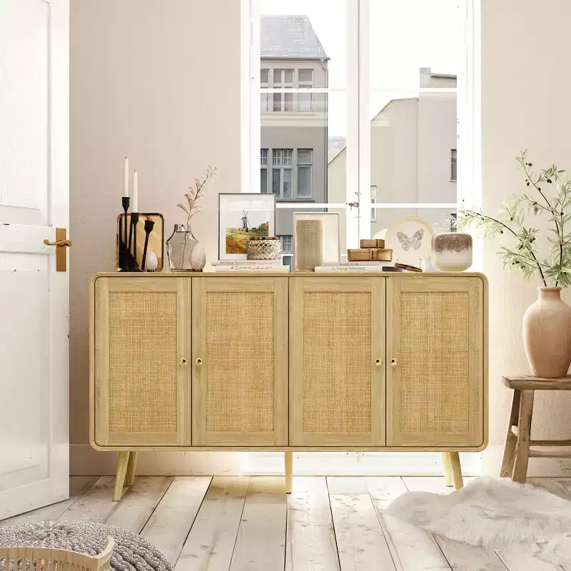 Boho - Inspired Storage Cabinet with Rattan - Woven Doors and Gold Handles - Versatile for Bedroom, Study, Restaurant & Living Room
