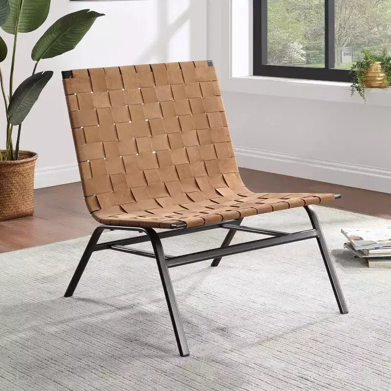 Comfort Pointe Cavett Woven Leather Accent Chair Brown: Genuine Leather, Metal Frame, Mid-Century Modern