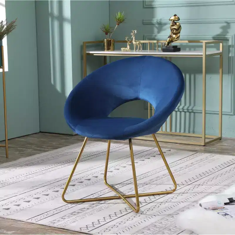 Velvet Upholstered Accent Chair, Blue with Gold
