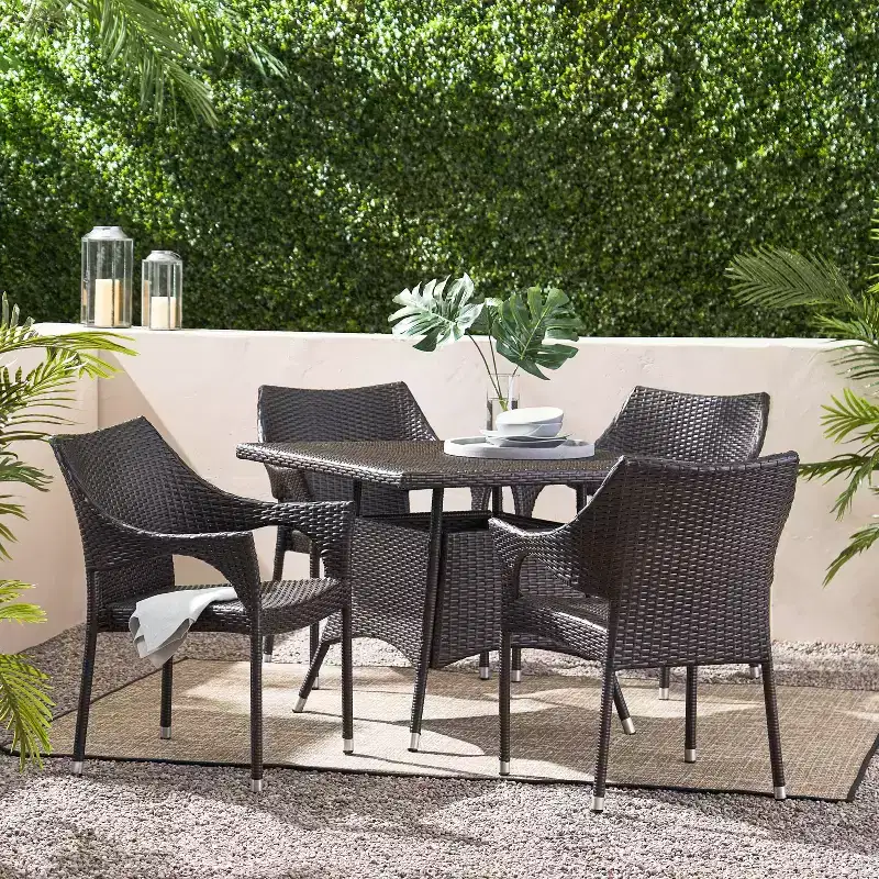 GDFStudio Ronnie Outdoor Wicker and Iron 5 Piece Dining Set