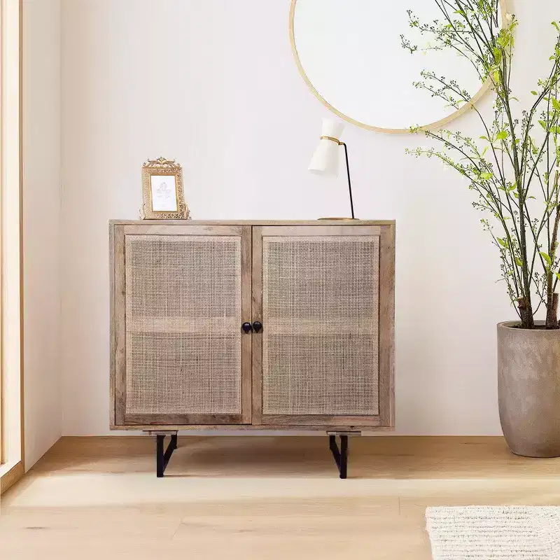 Handcrafted Boho Accent Cabinet with Mesh Rattan Doors & Mango Wood Frame, 35