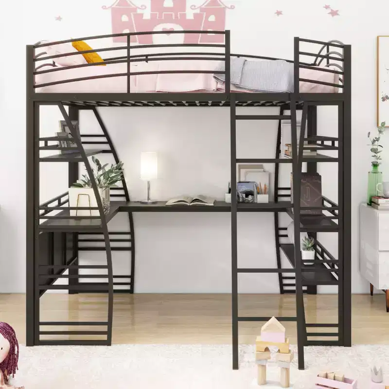 Whisen 77.1L x 56.7W Stylish Design Full Size Metal Frame Loft Bed with Shelves and L-shaped Desk