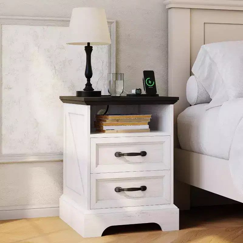 Farmhouse Bedside Table with 2 Drawers, Open Shelf, USB and Socket for Small Bedroom Space, 2 Pieces in a Set, Country Style