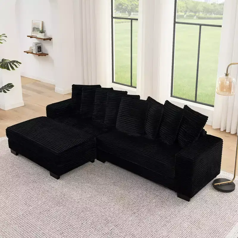 EHMKNP Corduroy Upholstered Sleeper Sectional Sofa, L-Shaped Modular Convertible Sofa with Ottoman