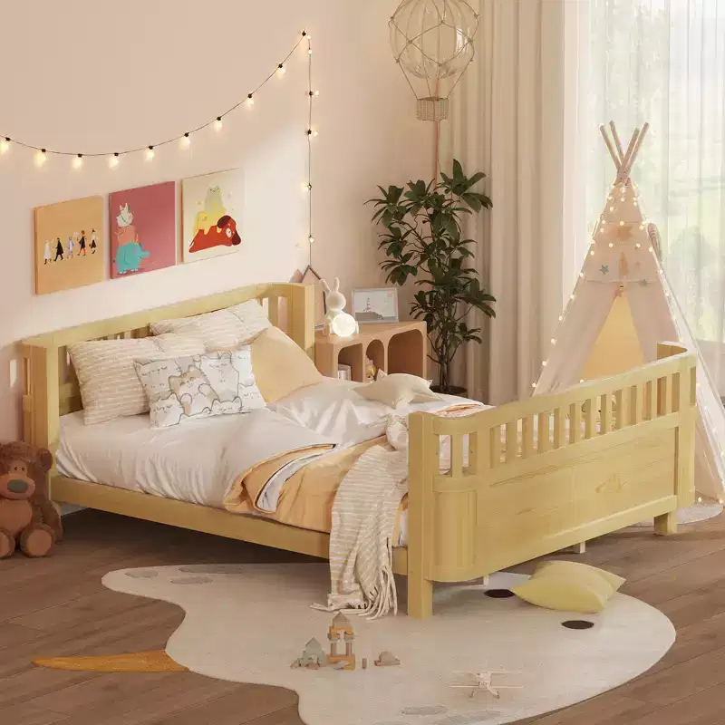 Queen Size Wood Platform Bed Frame with Full Fence Guardrails for Kids - Removable Side Rails