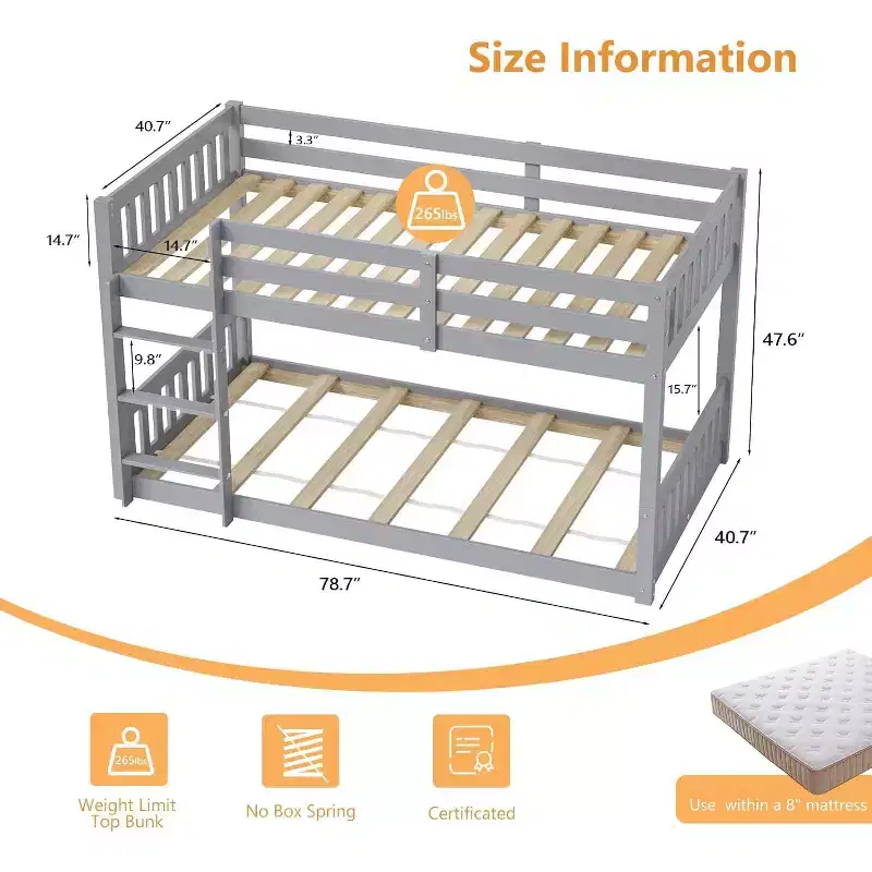 JOYMOR Solid Wood Low Twin Over Twin Bunk Bed for Kids/Junior, Bunk Bed Frame with Guardrails & Ladder for Boys Girls, No Box Spring Needed (Gray)