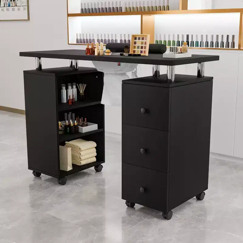 Karlhome 42.5 in. White MDF 3-Drawer Manicure Table Nail Desk with Open Side Cabinet, Doors, Electric Dust Collector