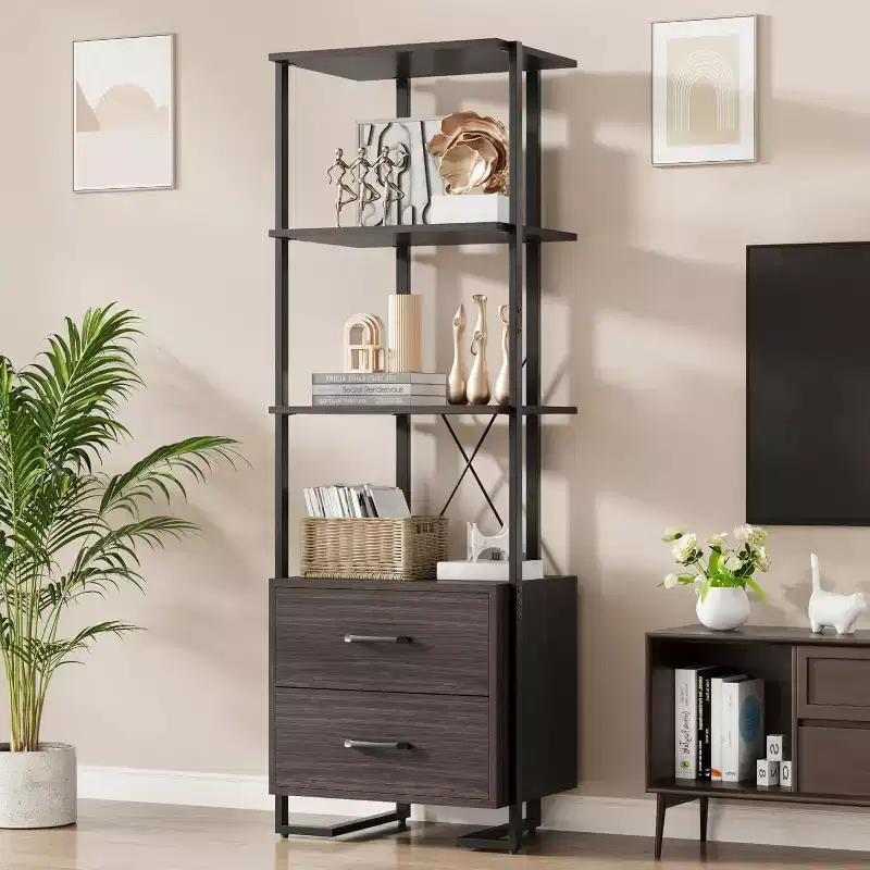 4-Shelf Bookcase with 2 Storage Drawers, 70.9 Inch Tall Open Display Shelf