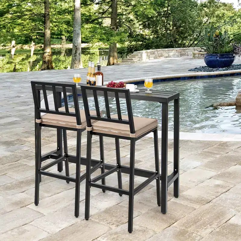 Costway 3PCS Outdoor Metal Bar Table & Chairs Set Patio Dining Table Set with Cushion
